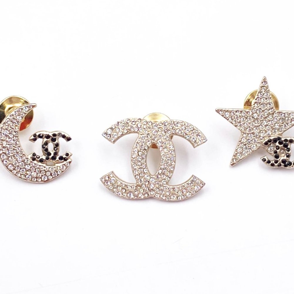 Chanel Rare Gold CC Moon Star Black Crystal 3 Pins - Picture 1 of 3